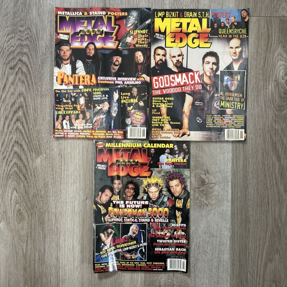 Metal Edge Magazine 2000 Lot Of 3 Godsmack Pantera Powerman Complete w/ Posters